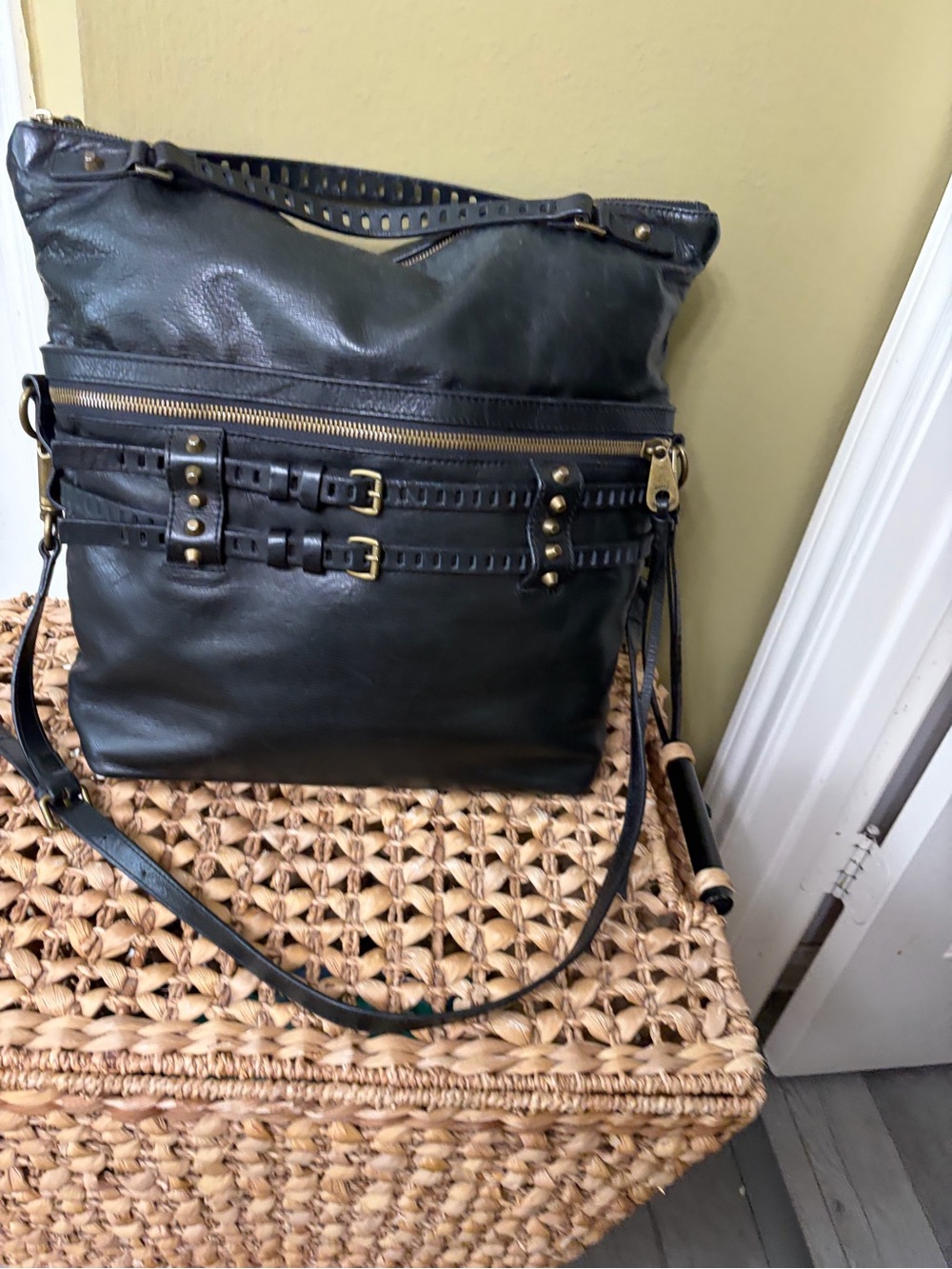 Black Leather Hobo Bag with Buckle Strap Detailing Large